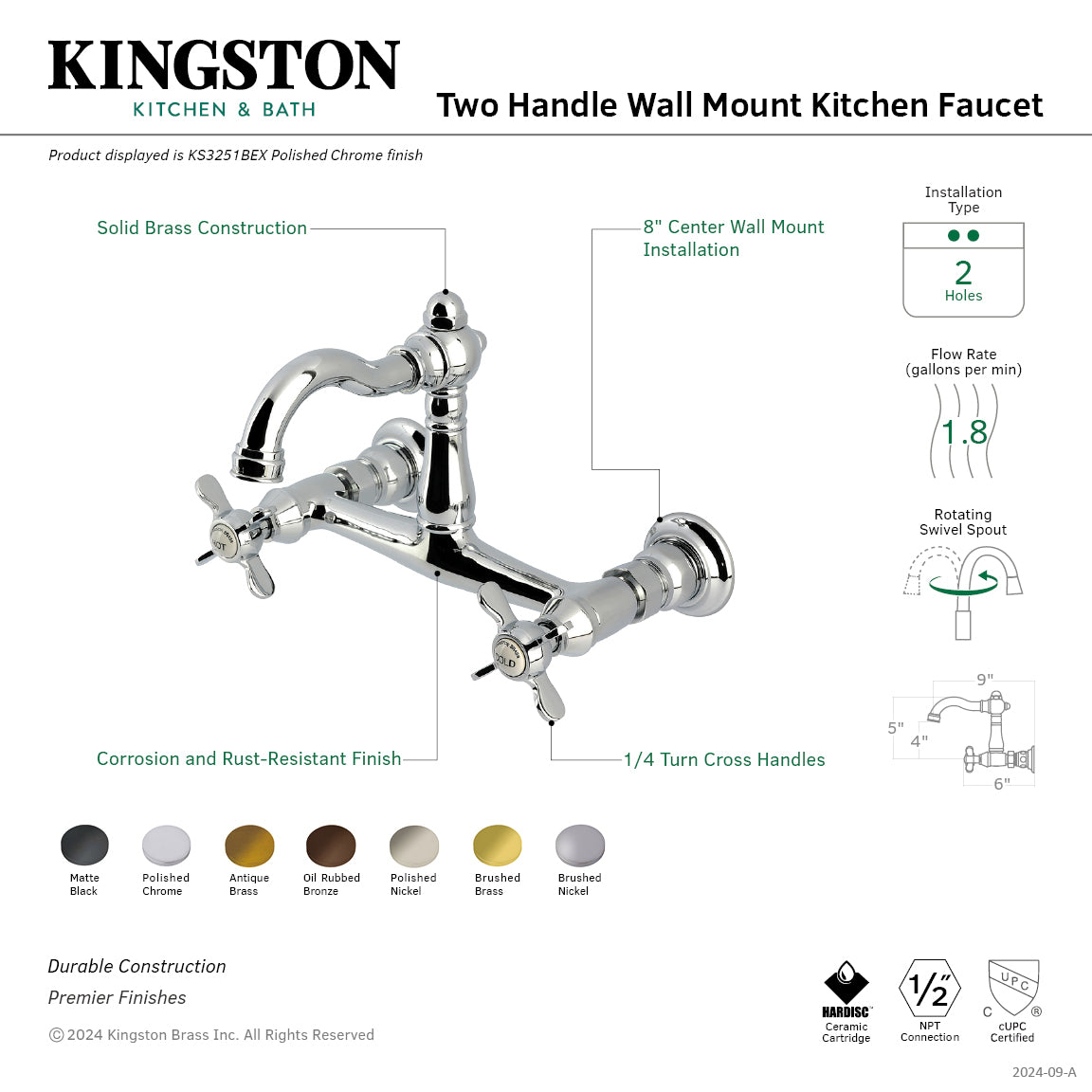 Kingston Heirloom KS3250BEX - Vintage Two-Handle 2-Hole Wall Mount Bridge Kitchen Faucet, Matte Black — thumbnail 2